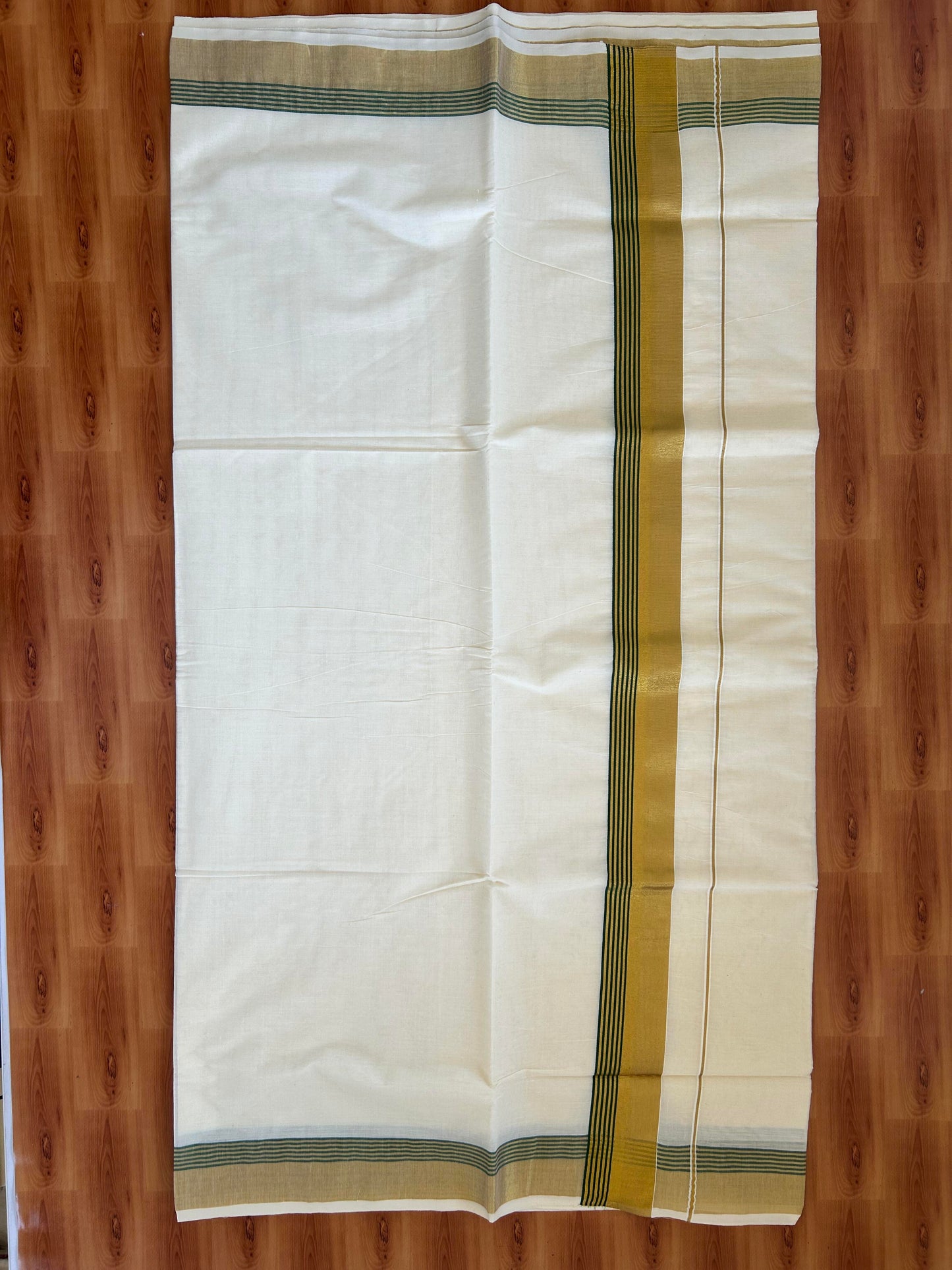 25% Discount! Kaitharikada Kerala Traditional Saree Off white- Mixed Cotton Kasavu Saree - 2.75 Inch  Pallu - Gold Kasav & Green Striped Kara - 38 KK7000 PMC