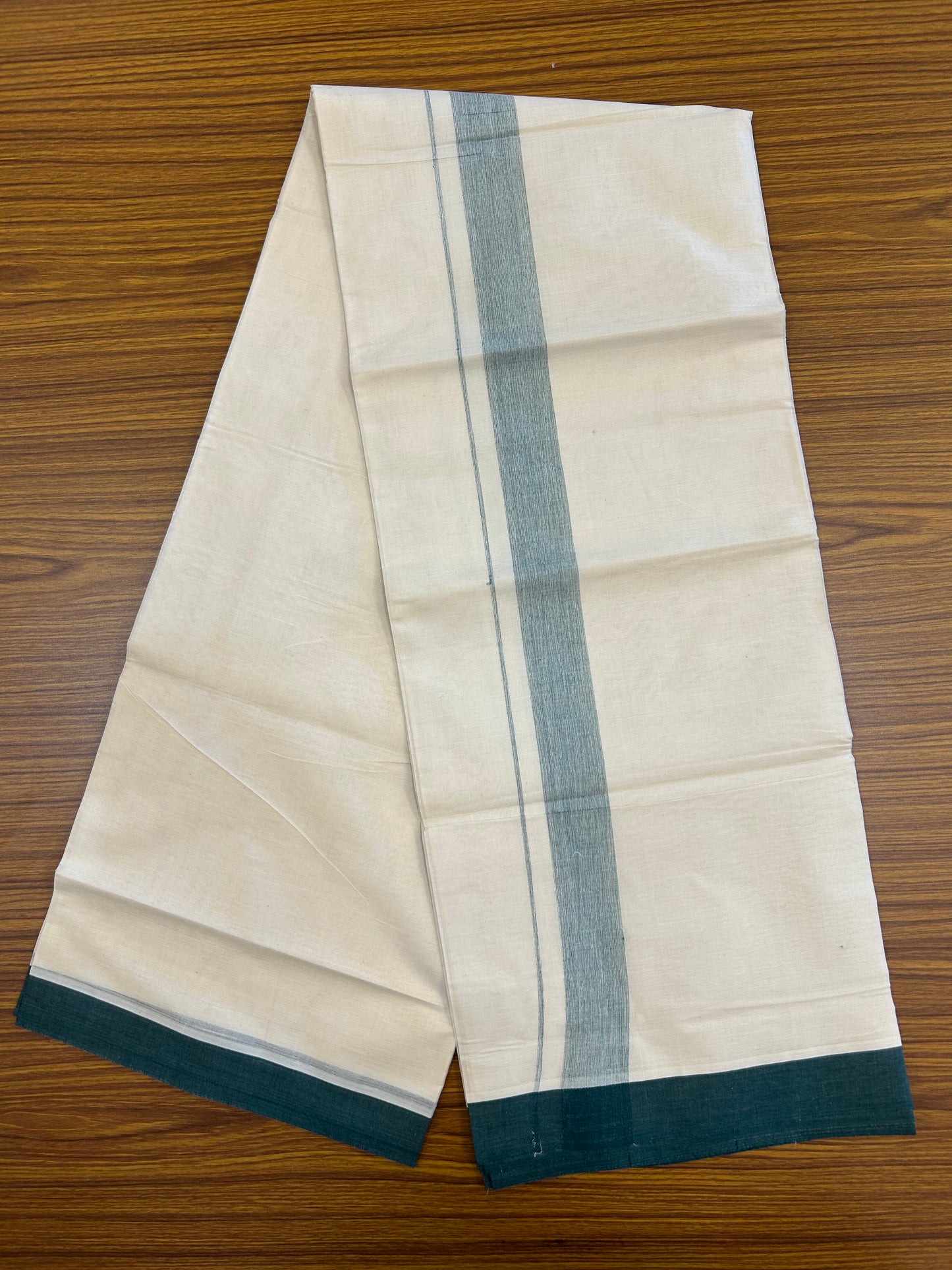 20% Discount ! KaithariKada Balaramapuram 100% Cotton Double Off White (Unbleached) - Mundu / Dhoti- 100x80 -  1.5 inch Dark Green Shaded Kara 4 mtr (8.5 Muzham) - 14 KK5371 VIN