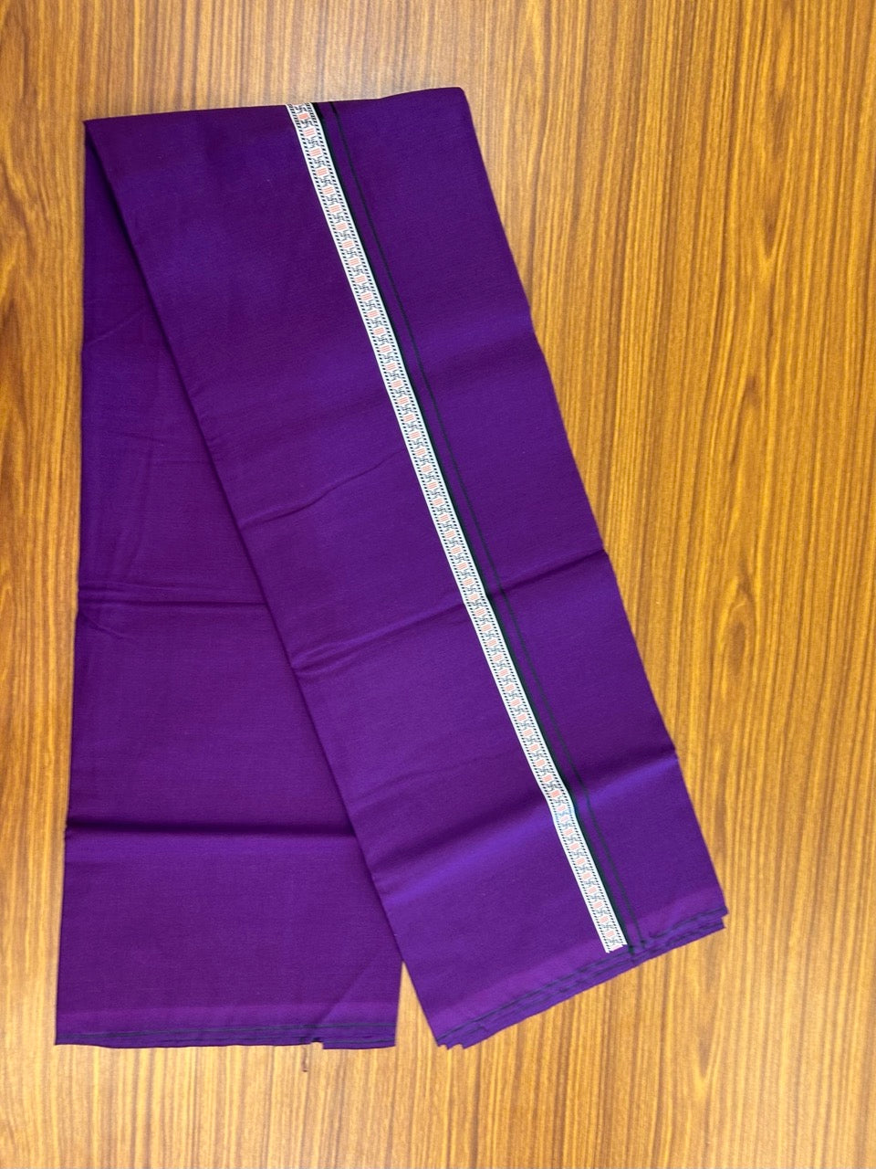39% Discount! Kaitharikada - Pure Cotton - Single Kaily / Lungi - 1 inch Bottle Green & Multi colour Pattern Printed kara with Deep Violet colour body (2 meter / 4 muzham) - 19 KK8035 GAN