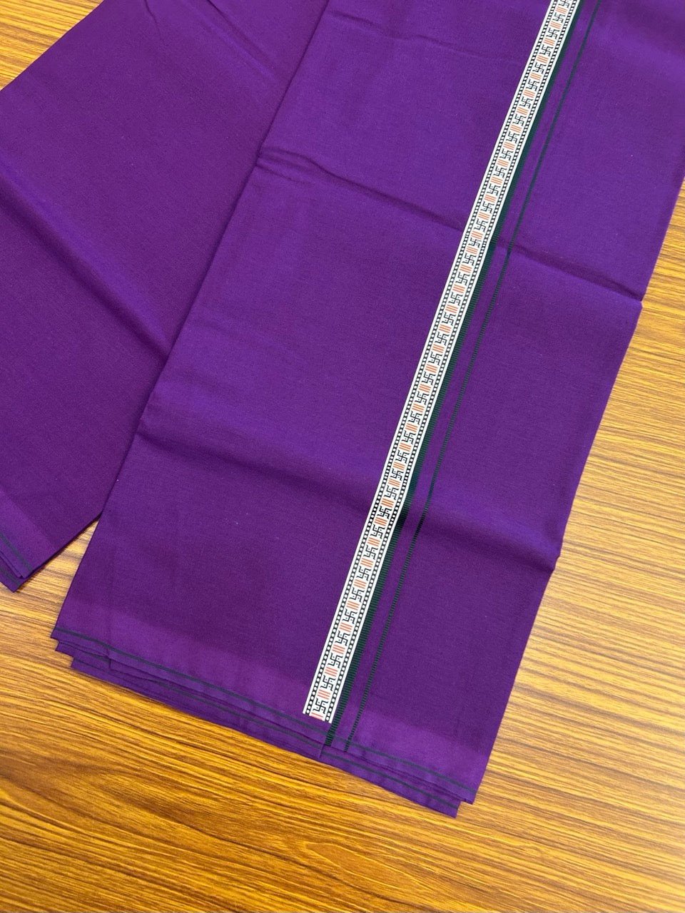 39% Discount! Kaitharikada - Pure Cotton - Single Kaily / Lungi - 1 inch Bottle Green & Multi colour Pattern Printed kara with Deep Violet colour body (2 meter / 4 muzham) - 19 KK8035 GAN