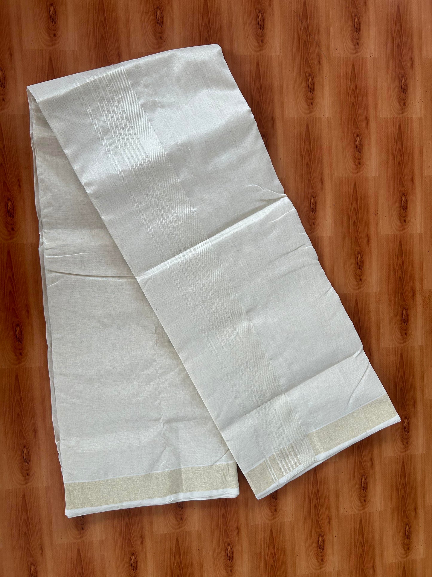25% Discount ! KaithariKada Handloom Millpaav Kerala Handloom - Pure Cotton Off White - (Unbleached) Double Mundu/Dhoti - (80X90) - 2 inch Light Gold Kasav Tissue Striped Tissue Body 4 mtr (8.5 Muzham) - 34 KK5386 RAM
