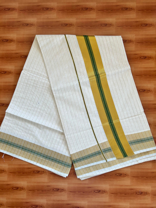 25% Discount! Kaitharikada Kerala Traditional Saree Off white- Mixed Cotton Kasavu Saree - 3 Inch  Pallu - Gold Kasav & Green Striped Kara & Striped Body - 36 KK7000 PMC