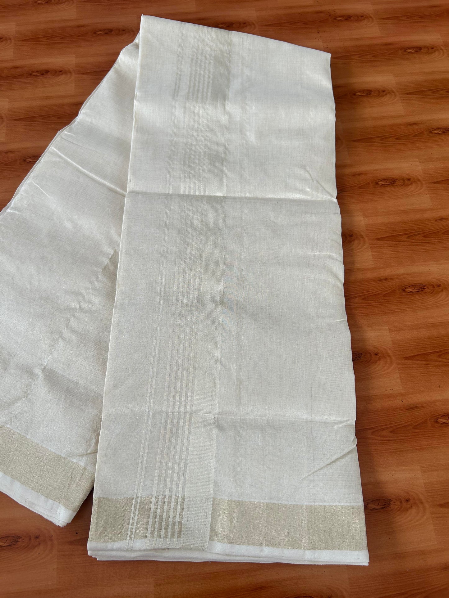 25% Discount ! KaithariKada Handloom Millpaav Kerala Handloom - Pure Cotton Off White - (Unbleached) Double Mundu/Dhoti - (80X90) - 2 inch Light Gold Kasav Tissue Striped Tissue Body 4 mtr (8.5 Muzham) - 34 KK5386 RAM