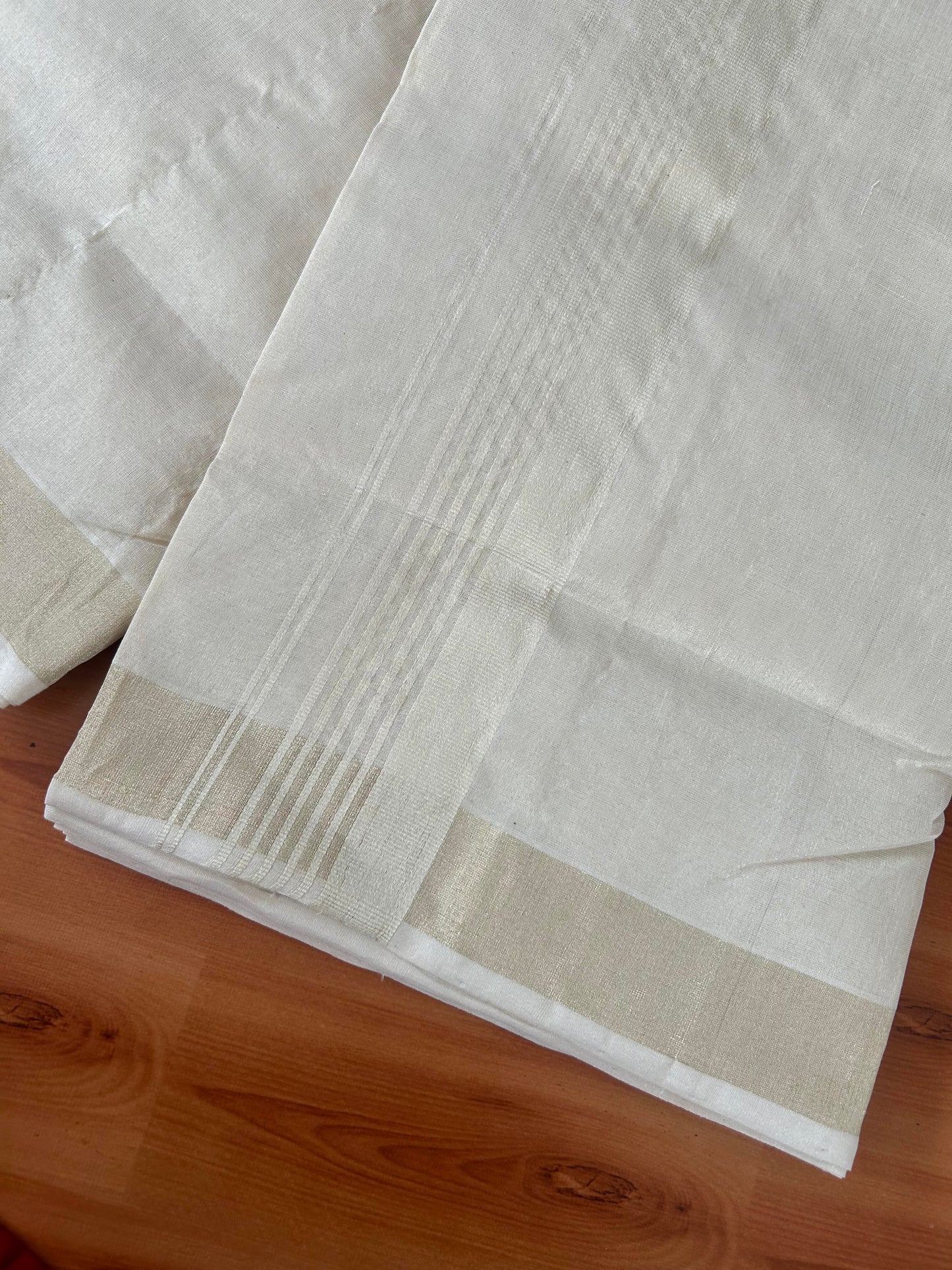 25% Discount ! KaithariKada Handloom Millpaav Kerala Handloom - Pure Cotton Off White - (Unbleached) Double Mundu/Dhoti - (80X90) - 2 inch Light Gold Kasav Tissue Striped Tissue Body 4 mtr (8.5 Muzham) - 34 KK5386 RAM