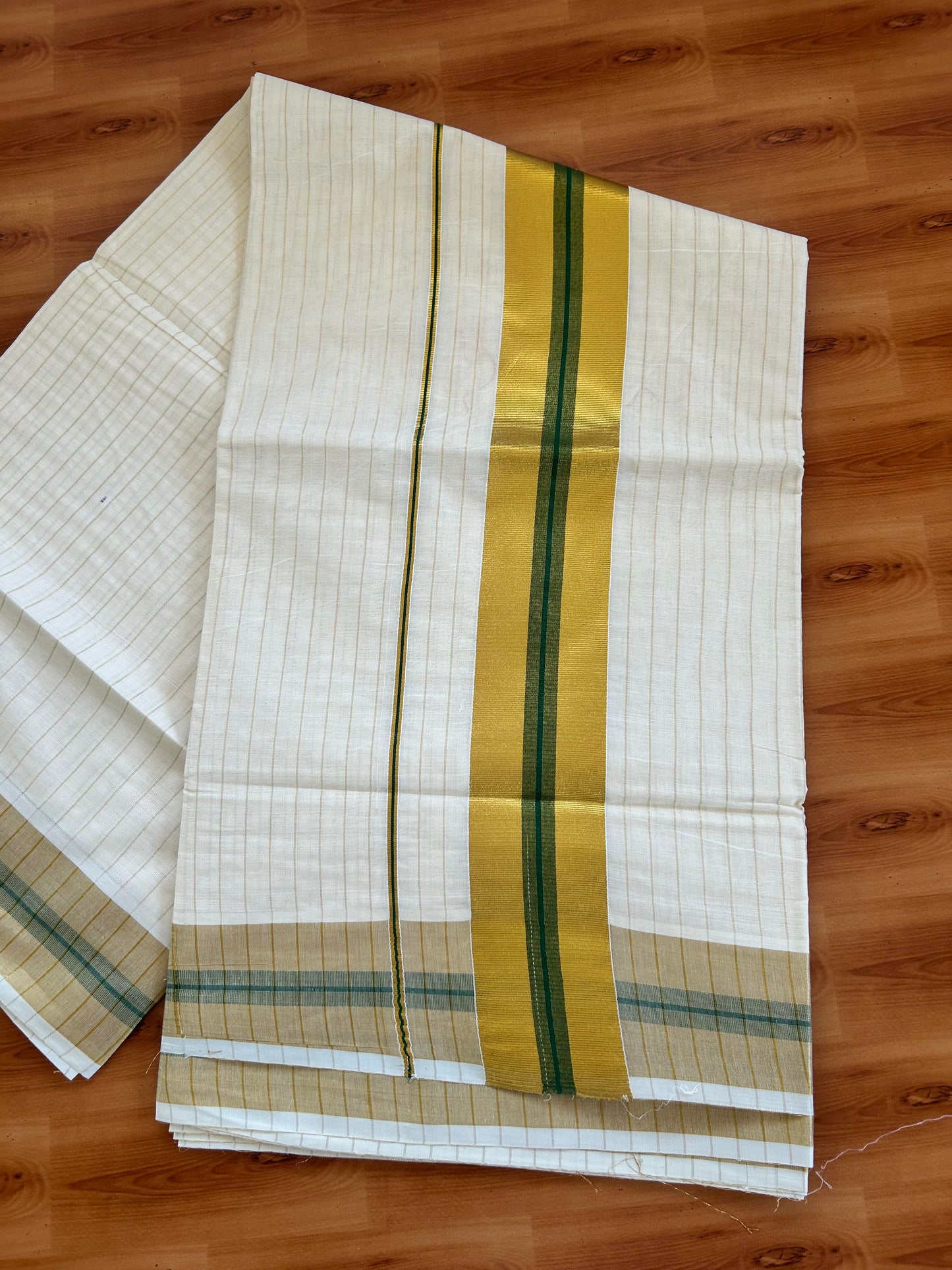 25% Discount! Kaitharikada Kerala Traditional Saree Off white- Mixed Cotton Kasavu Saree - 3 Inch  Pallu - Gold Kasav & Green Striped Kara & Striped Body - 36 KK7000 PMC