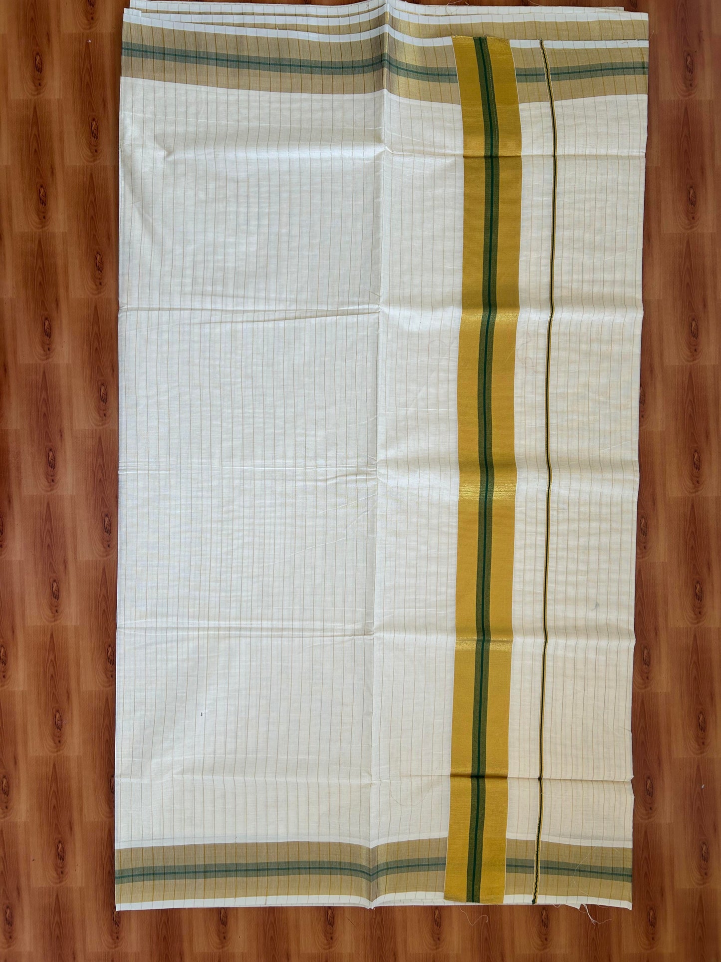 25% Discount! Kaitharikada Kerala Traditional Saree Off white- Mixed Cotton Kasavu Saree - 3 Inch  Pallu - Gold Kasav & Green Striped Kara & Striped Body - 36 KK7000 PMC