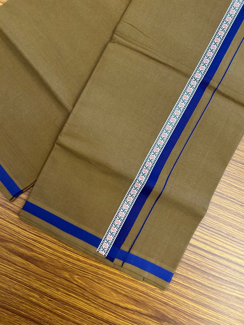 39% Discount!!! Kaitharikada - Pure Cotton - Single Kaily / Lungi - 1 inch Indigo Blue & Multi colour Pattern Printed kara with Bronze Olive Green colour body (2 meter / 4 muzham) - 18 KK8035 GAN