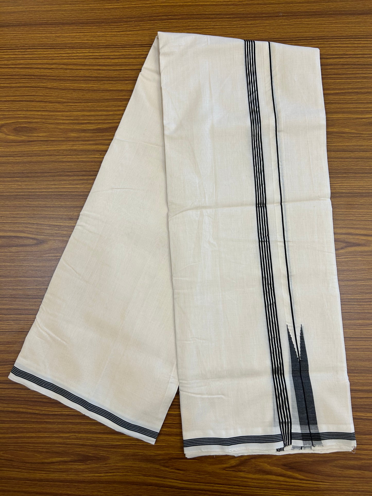 25% Discount!! KaithariKada Handloom Unakkupaav - Kerala Handloom - 100% Pure Cotton Off White - (Unbleached) Double Mundu/Dothi - 100x80 - 0.5 inch Puliyilakkara Silver Kasav & Black Chutty Kara 4 mtr (8.5 muzham) - 31 KK5371 ASH