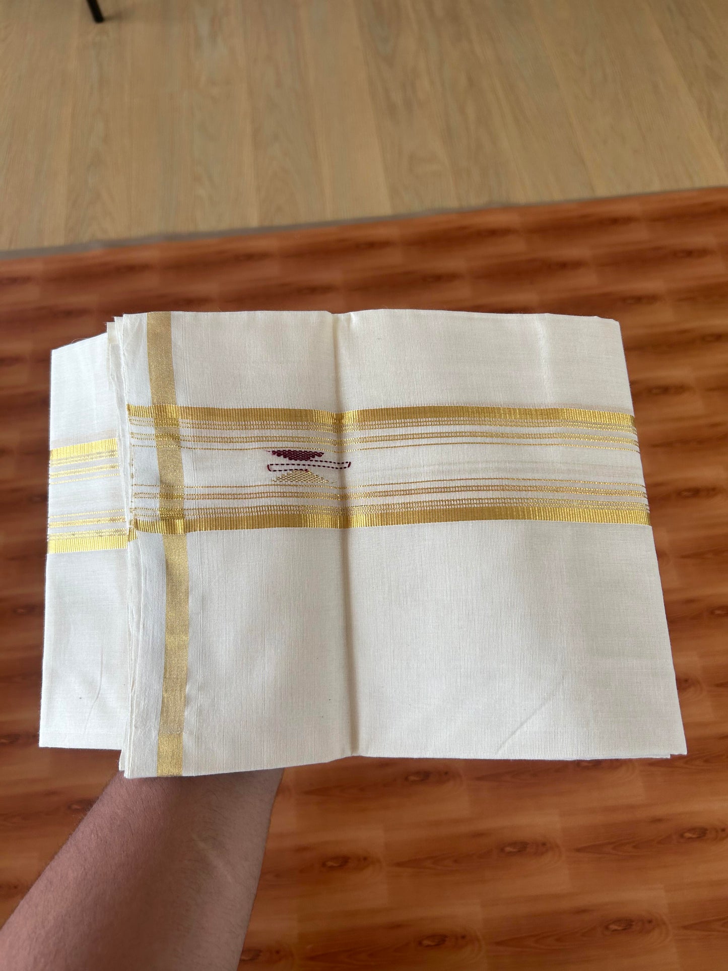 Neriyath - Off White (Unbleached) - 25% Discount!! KaithariKada Handloom Millpaav - Kerala Handloom - 100% Pure Cotton - 80x90 - 2.75 Inch Gold Kasav Stripes & Maroon Design Kara - 51 KK5386 RAM