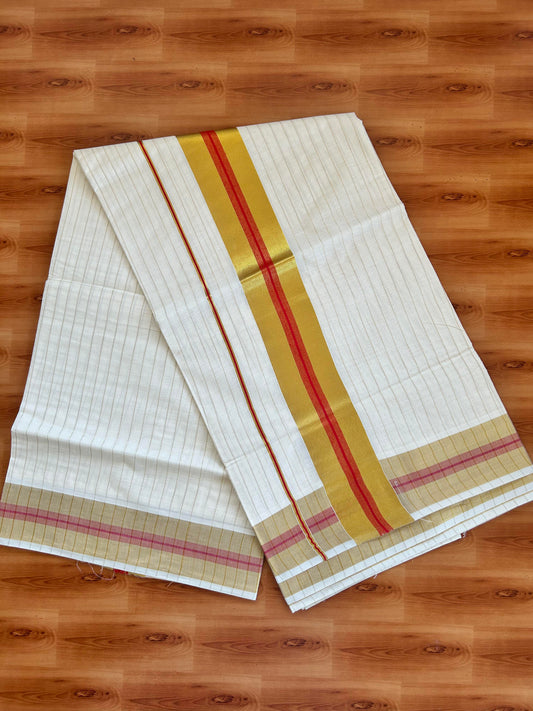 25% Discount! Kaitharikada Kerala Traditional Saree Off white- Mixed Cotton Kasavu Saree - 3 Inch  Pallu - Gold Kasav & Red Striped Kara & Striped Body - 37 KK7000 PMC