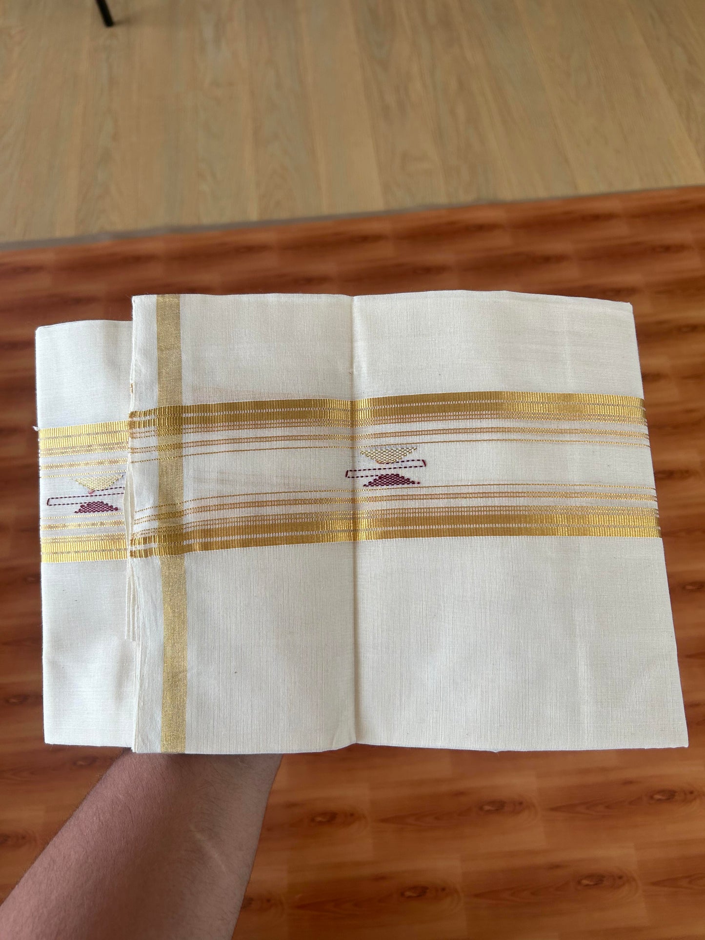 Neriyath - Off White (Unbleached) - 25% Discount! KaithariKada Handloom Millpaav - Kerala Handloom - 100% Pure Cotton  - 80x90 - 2.75 Inch Dark Gold Kasav Stripes & Maroon Design Kara - 50 KK5386 RAM