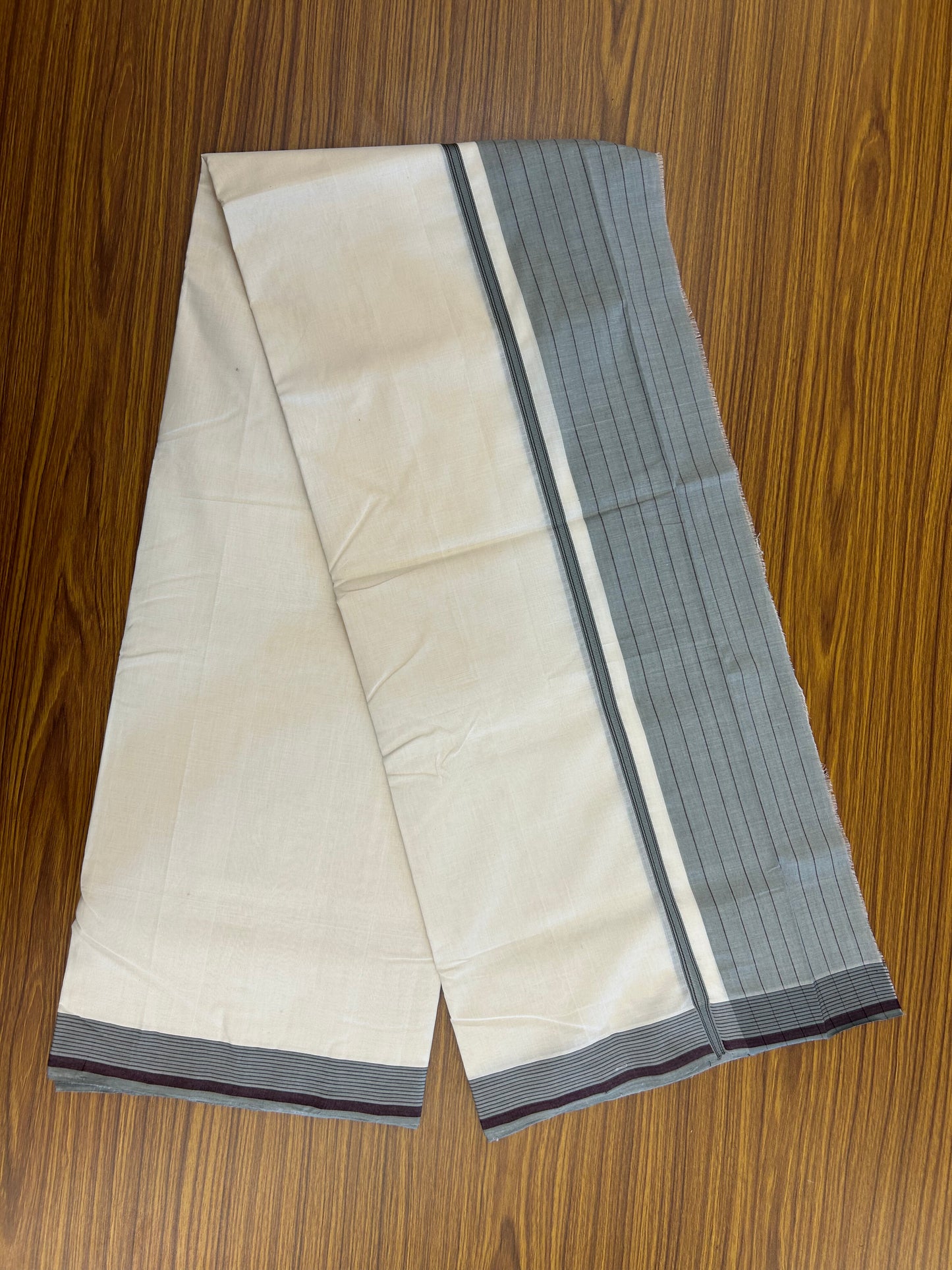 25% Discount!! KaithariKada Handloom  Unakkupaav - Kerala Handloom - 100% Pure Cotton Off White - (Unbleached) Double Mundu/Dothi - 100 x 80 - 5 inch Ash Green & Puple Side Striped Kara 4 meter (8.5 muzham) - 9 KK5371 REA