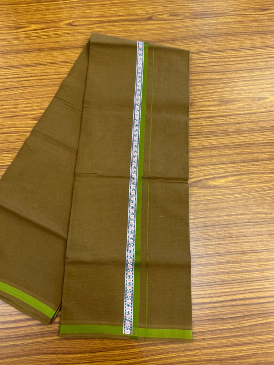 39% Discount!!! Kaitharikada - Pure Cotton - Single Kaily / Lungi - 1 inch Light green & Multi colour Pattern Printed kara with Bronze Olive Green colour body (2 meter / 4 muzham) - 20 KK8035 GAN