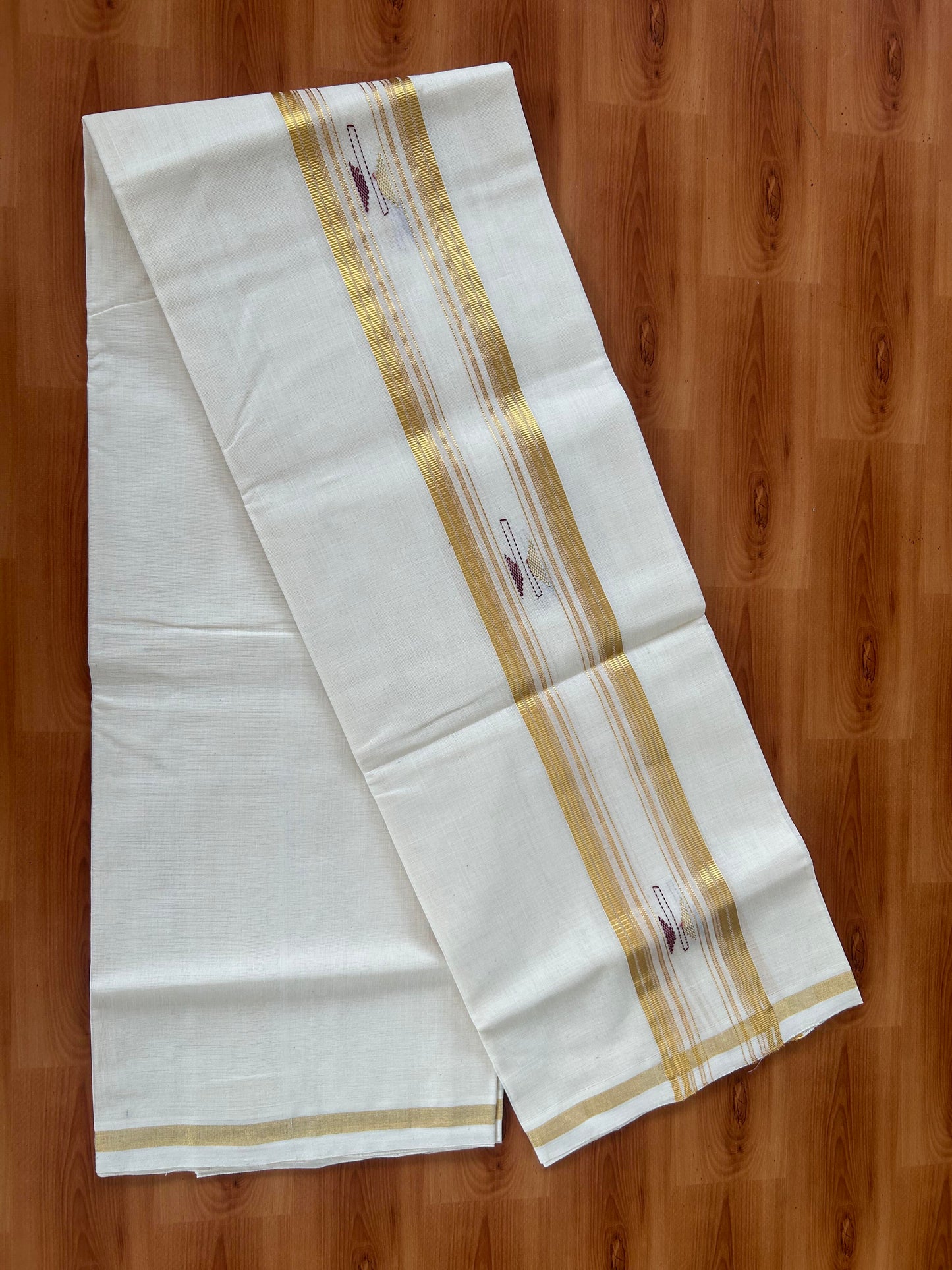 Neriyath - Off White (Unbleached) - 25% Discount! KaithariKada Handloom Millpaav - Kerala Handloom - 100% Pure Cotton  - 80x90 - 2.75 Inch Dark Gold Kasav Stripes & Maroon Design Kara - 50 KK5386 RAM