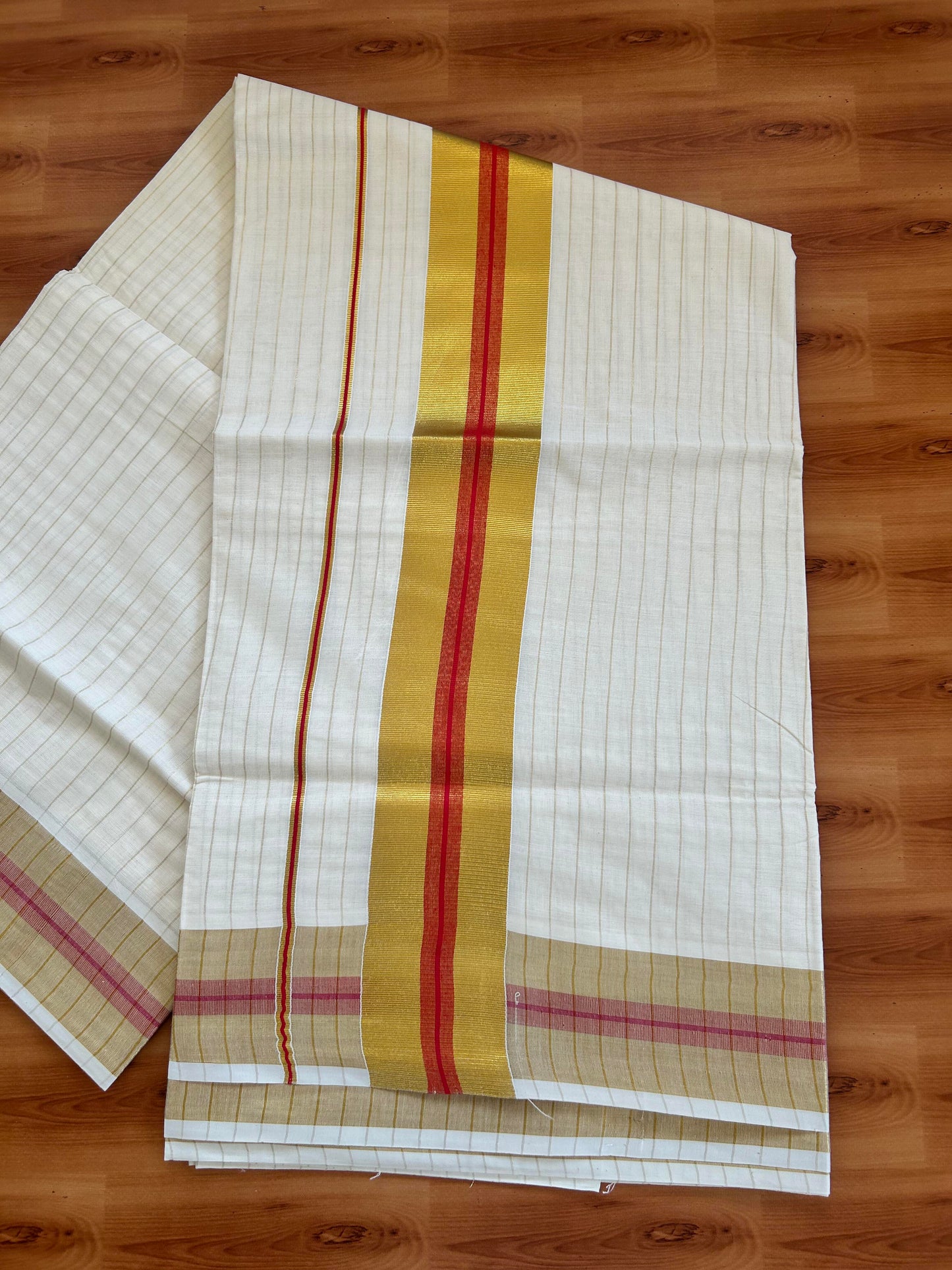 25% Discount! Kaitharikada Kerala Traditional Saree Off white- Mixed Cotton Kasavu Saree - 3 Inch  Pallu - Gold Kasav & Red Striped Kara & Striped Body - 37 KK7000 PMC