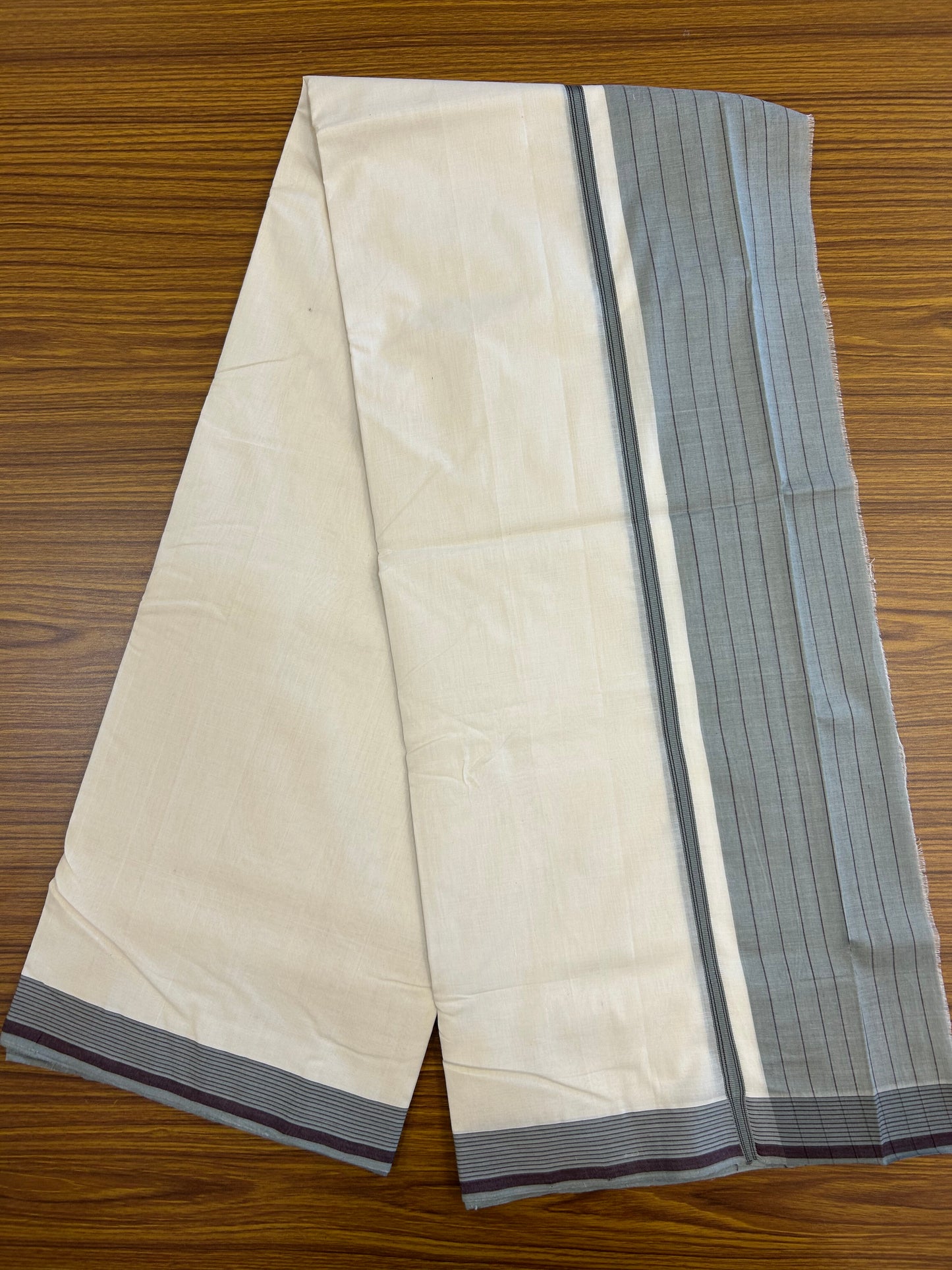 25% Discount!! KaithariKada Handloom  Unakkupaav - Kerala Handloom - 100% Pure Cotton Off White - (Unbleached) Double Mundu/Dothi - 100 x 80 - 5 inch Ash Green & Puple Side Striped Kara 4 meter (8.5 muzham) - 9 KK5371 REA