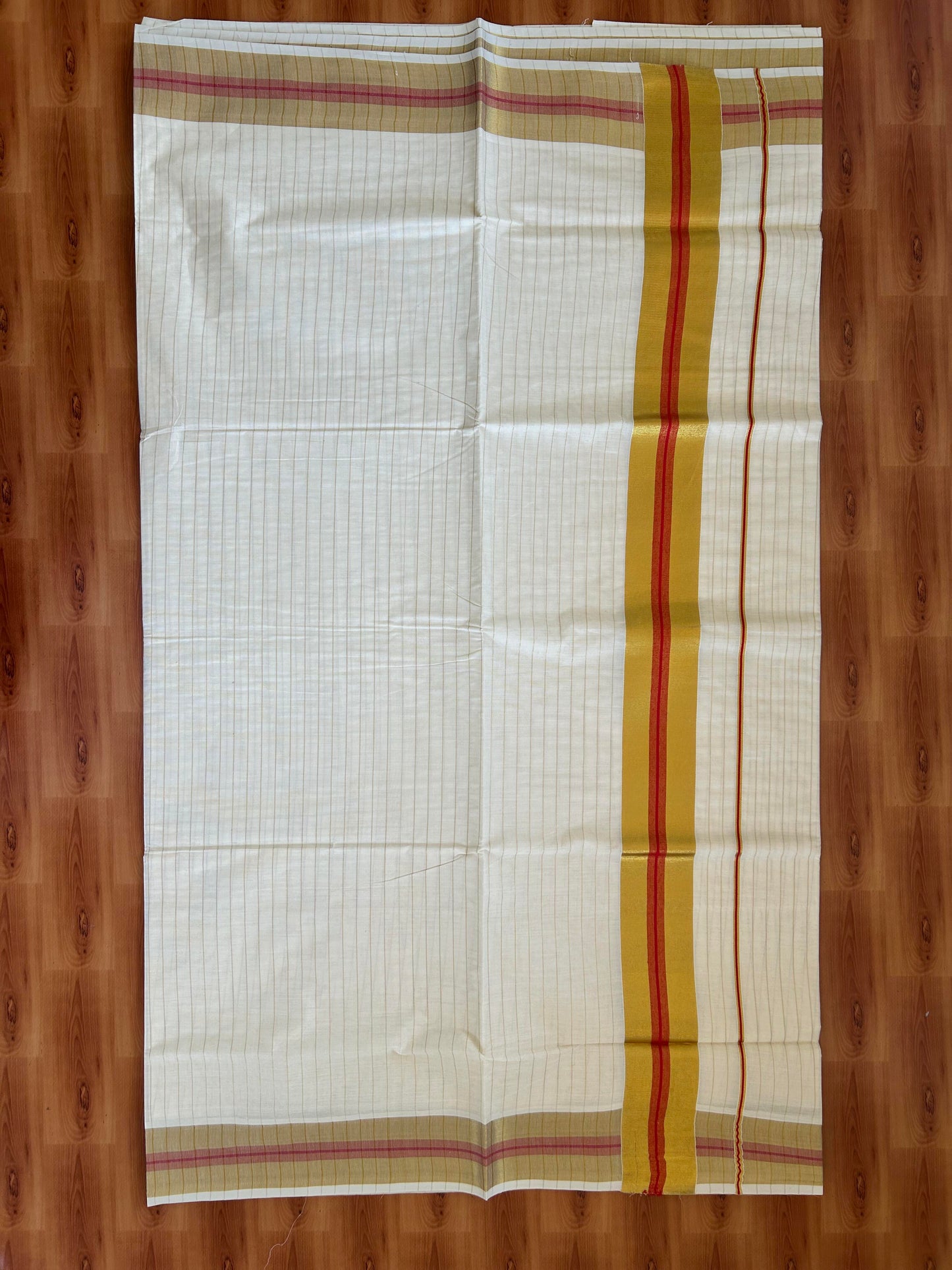 25% Discount! Kaitharikada Kerala Traditional Saree Off white- Mixed Cotton Kasavu Saree - 3 Inch  Pallu - Gold Kasav & Red Striped Kara & Striped Body - 37 KK7000 PMC