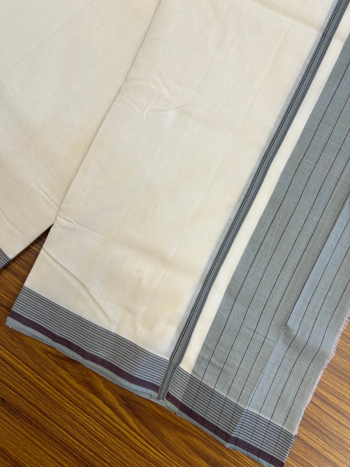 25% Discount!! KaithariKada Handloom  Unakkupaav - Kerala Handloom - 100% Pure Cotton Off White - (Unbleached) Double Mundu/Dothi - 100 x 80 - 5 inch Ash Green & Puple Side Striped Kara 4 meter (8.5 muzham) - 9 KK5371 REA