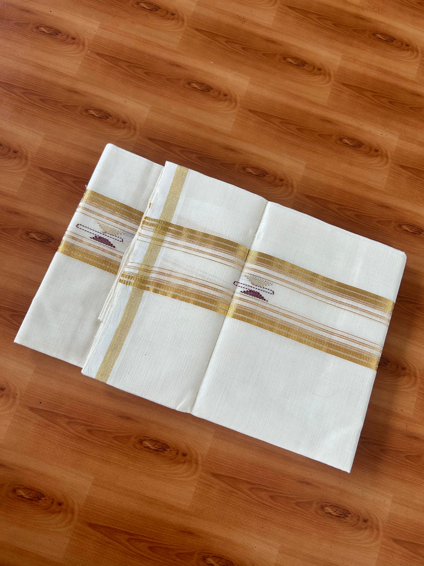 Neriyath - Off White (Unbleached) - 25% Discount! KaithariKada Handloom Millpaav - Kerala Handloom - 100% Pure Cotton  - 80x90 - 2.75 Inch Dark Gold Kasav Stripes & Maroon Design Kara - 50 KK5386 RAM