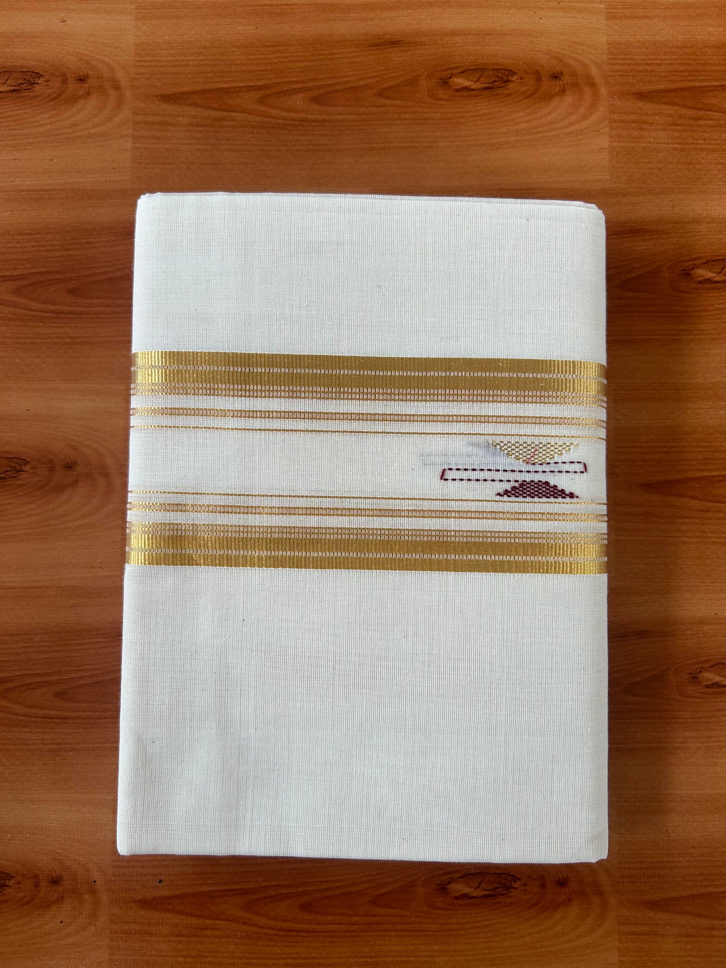 Neriyath - Off White (Unbleached) - 25% Discount! KaithariKada Handloom Millpaav - Kerala Handloom - 100% Pure Cotton  - 80x90 - 2.75 Inch Dark Gold Kasav Stripes & Maroon Design Kara - 50 KK5386 RAM