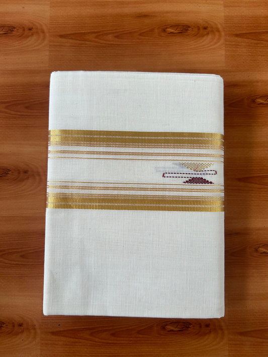Neriyath - Off White (Unbleached) - 25% Discount! KaithariKada Handloom Millpaav - Kerala Handloom - 100% Pure Cotton  - 80x90 - 2.75 Inch Dark Gold Kasav Stripes & Maroon Design Kara - 50 KK5386 RAM