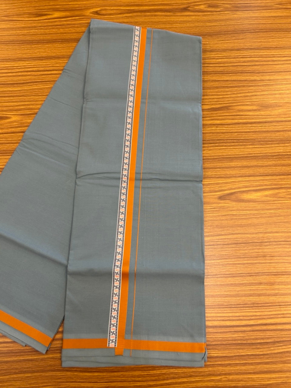 39% Discount! Kaitharikada - Pure Cotton - Single Kaily / Lungi - 1 inch  Burnt Orange & Multi colour Pattern Printed kara with Blue Grey colour body (2 meter / 4 muzham) - 29 KK8035 GAN