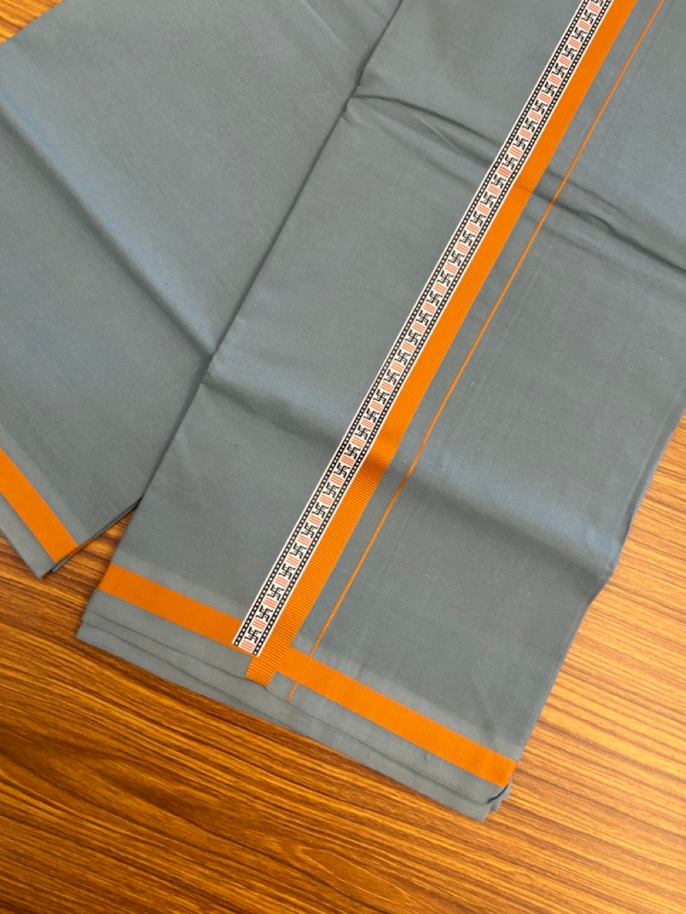 39% Discount! Kaitharikada - Pure Cotton - Single Kaily / Lungi - 1 inch  Burnt Orange & Multi colour Pattern Printed kara with Blue Grey colour body (2 meter / 4 muzham) - 29 KK8035 GAN