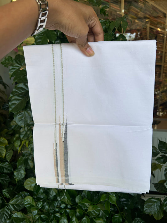 20% Discount ! KaithariKada Balaramapuram 100% Cotton Single Pure White Mundu/Dhoti - Twisted 100s Thread - 1.5 cm Puliyilakkara Silver Kasav Sand Brown & Navy Blue Double Chutty Kara (2 meter / 4 muzham) - 11 KK5371 ASH