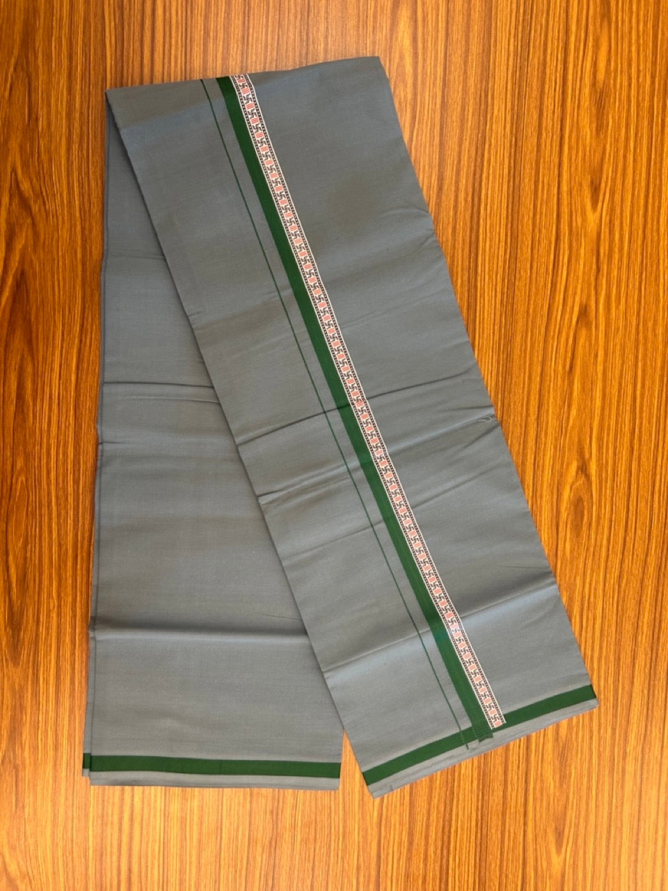 39% Discount! Kaitharikada - Pure Cotton - Single Kaily / Lungi - 1 inch  Green & Multi colour Pattern Printed kara with Blue Grey colour body (2 meter / 4 muzham) - 28 KK8035 GAN