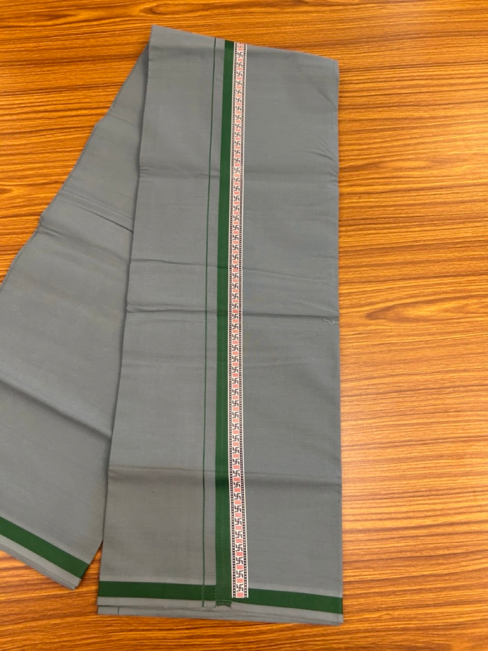 39% Discount! Kaitharikada - Pure Cotton - Single Kaily / Lungi - 1 inch  Green & Multi colour Pattern Printed kara with Blue Grey colour body (2 meter / 4 muzham) - 28 KK8035 GAN
