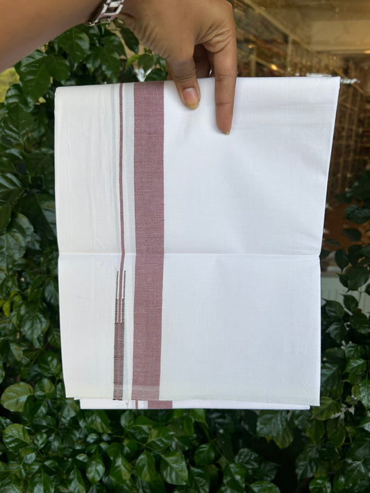 20% Discount!! KaithariKada Balaramapuram 100% Cotton Pure White Single Mundu/Dhoti - 100x100 - 1 inch Light Maroon Shaded Puliyilakkara chutty (2 meter / 4 muzham) - 5 KK5371 ASH