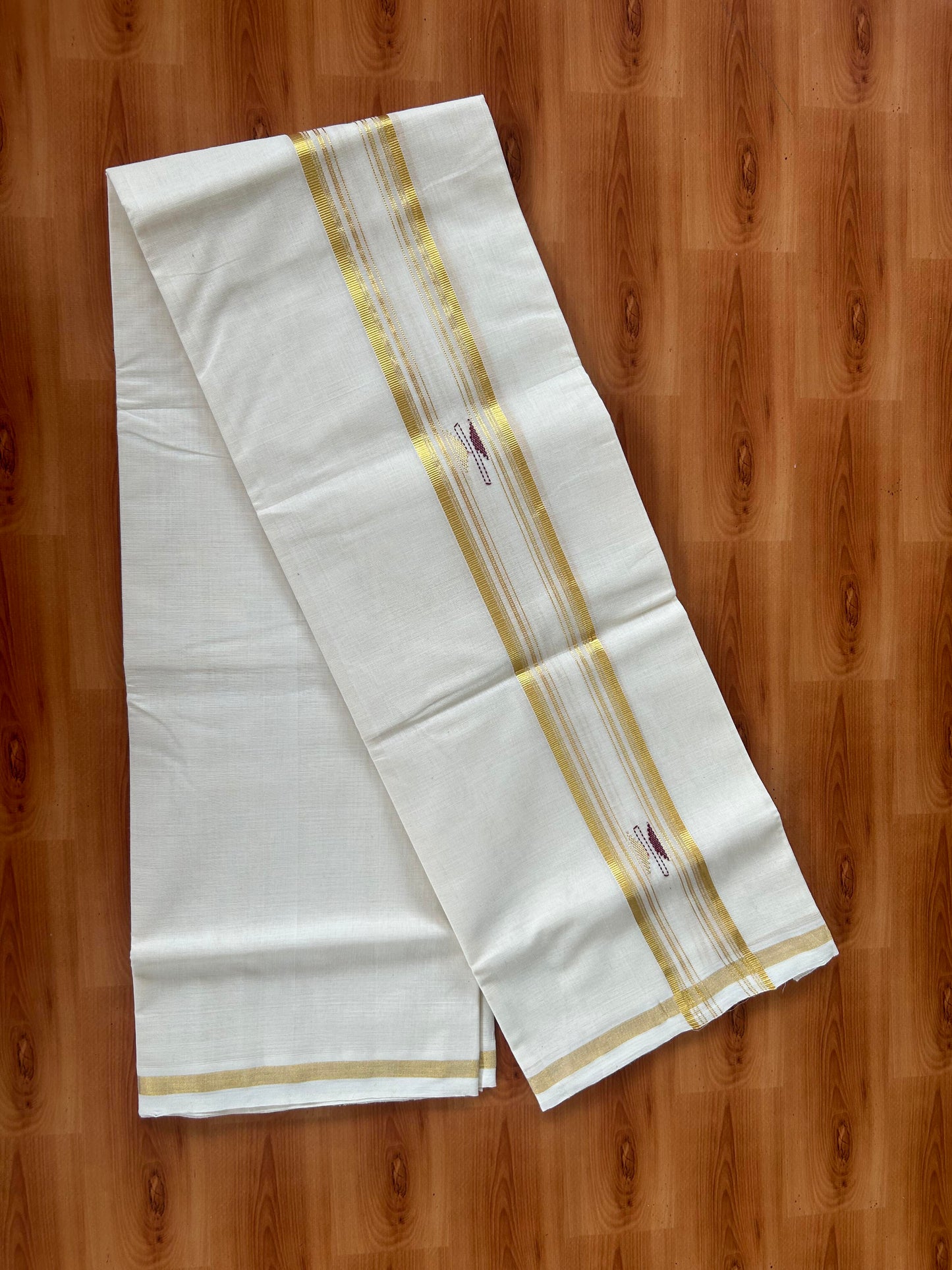 Neriyath - Off White (Unbleached) - 25% Discount!! KaithariKada Handloom Millpaav - Kerala Handloom - 100% Pure Cotton - 80x90 - 2.75 Inch Gold Kasav Stripes & Maroon Design Kara - 51 KK5386 RAM