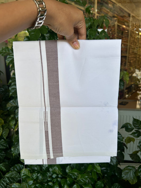 20% Discount!! KaithariKada Balaramapuram 100% Cotton Pure White Single Mundu/Dhoti - 100x100 - 1 inch Brown Shaded Puliyilakkara chutty (2 meter / 4 muzham) - 4 KK5371 ASH