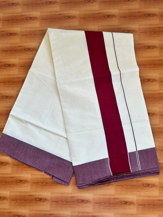 25% Discount! Kaitharikada Kerala Traditional Saree Off white- Mixed Cotton Saree - 3 Inch  Pallu - Maroon Kara - 45 KK7000 PMC