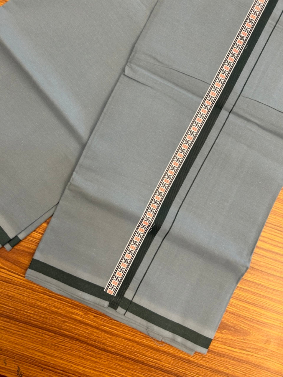39% Discount! Kaitharikada - Pure Cotton - Single Kaily / Lungi - 1 inch Dark Green & Multi colour Pattern Printed kara with Blue Grey colour body (2 meter / 4 muzham) - 27 KK8035 GAN
