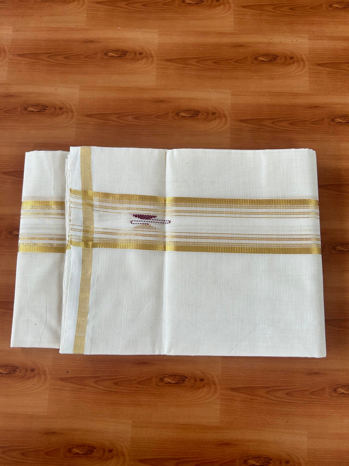 Neriyath - Off White (Unbleached) - 25% Discount!! KaithariKada Handloom Millpaav - Kerala Handloom - 100% Pure Cotton - 80x90 - 2.75 Inch Gold Kasav Stripes & Maroon Design Kara - 51 KK5386 RAM