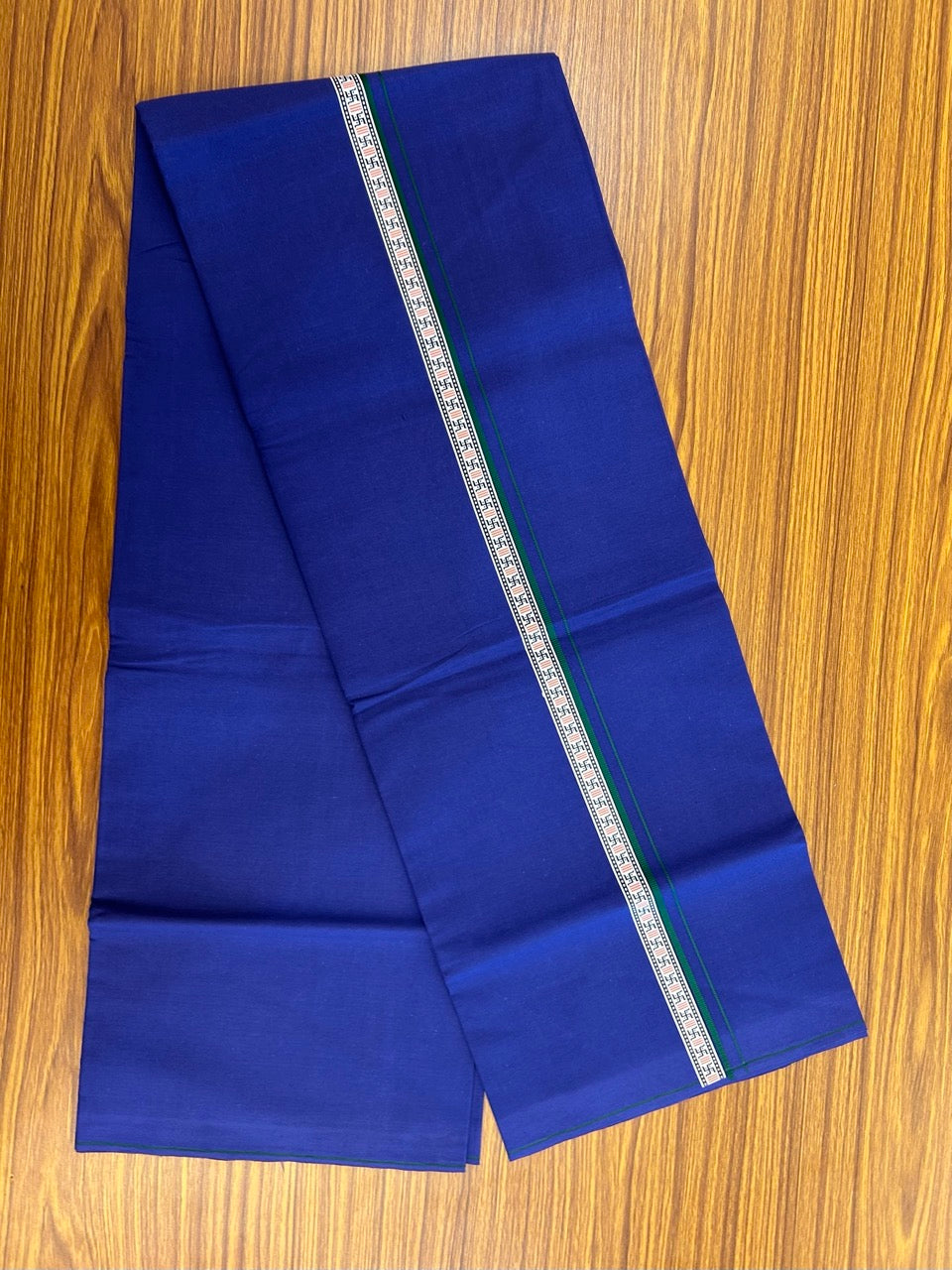 39% Discount! Kaitharikada - Pure Cotton - Single Kaily / Lungi - 0.75 inch Green & Multi colour Pattern Printed kara with Dark Royal Blue colour body (2 meter / 4 muzham) - 30 KK8035 GAN