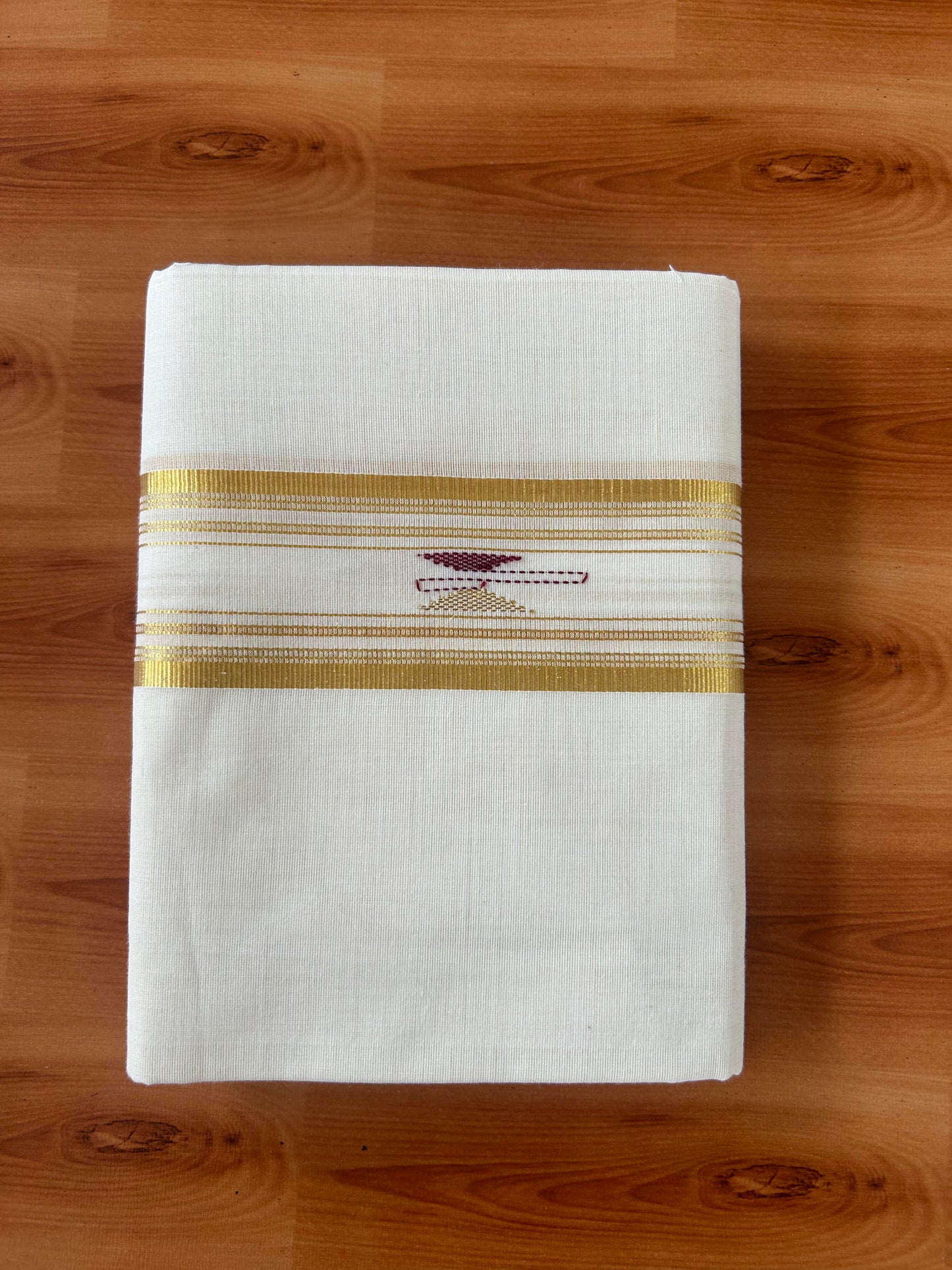 Neriyath - Off White (Unbleached) - 25% Discount!! KaithariKada Handloom Millpaav - Kerala Handloom - 100% Pure Cotton - 80x90 - 2.75 Inch Gold Kasav Stripes & Maroon Design Kara - 51 KK5386 RAM
