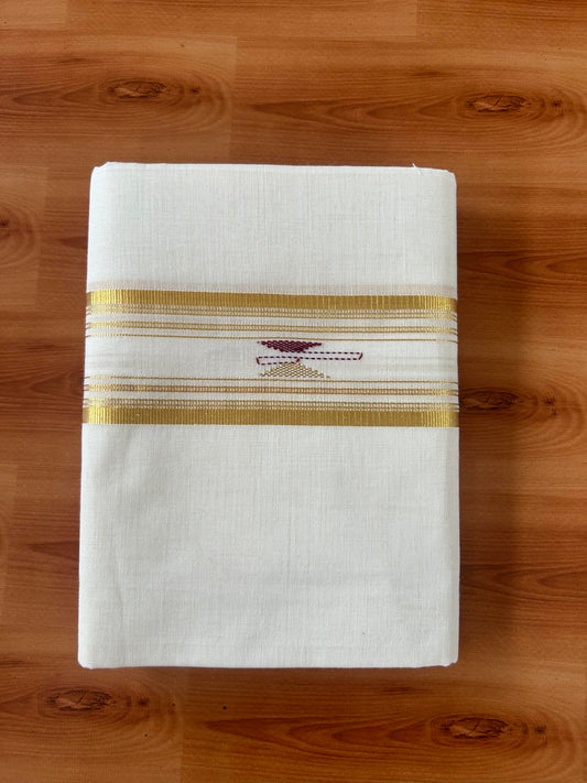 Neriyath - Off White (Unbleached) - 25% Discount!! KaithariKada Handloom Millpaav - Kerala Handloom - 100% Pure Cotton - 80x90 - 2.75 Inch Gold Kasav Stripes & Maroon Design Kara - 51 KK5386 RAM