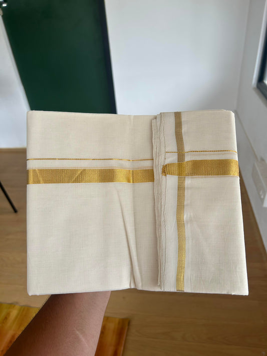 25% Discount ! KaithariKada Handloom Millpaav - Kerala Handloom - 100% Pure Cotton Off White (Unbleached) Double Mundu/Dhoti - 80x90 - 0.75 inch Gold Kara 3.60 mtr (8 Muzham) - 30 KK5386 RAM
