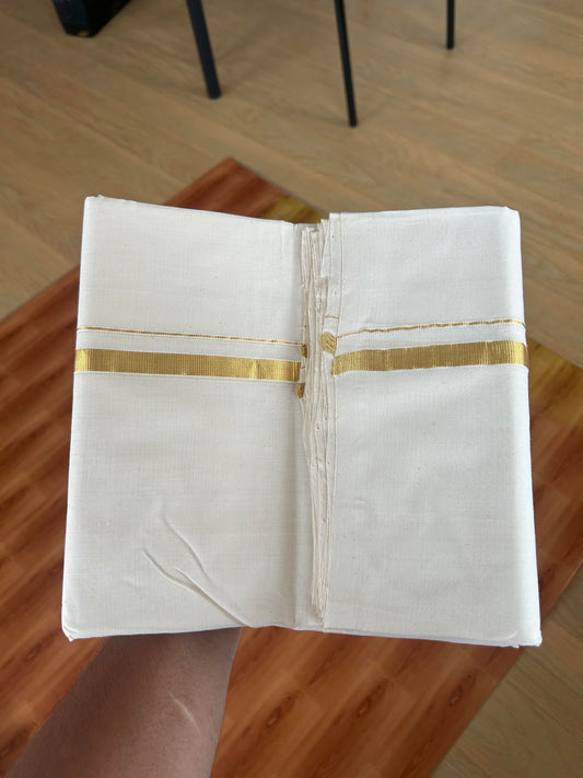 25% Discount ! KaithariKada Handloom Millpaav - Kerala Handloom - 100% Pure Cotton Off White (Unbleached) Double Mundu/Dhoti - 80x90 - 0.5 inch Gold Kara 3.60 mtr (8 Muzham) - 33 KK5386 RAM