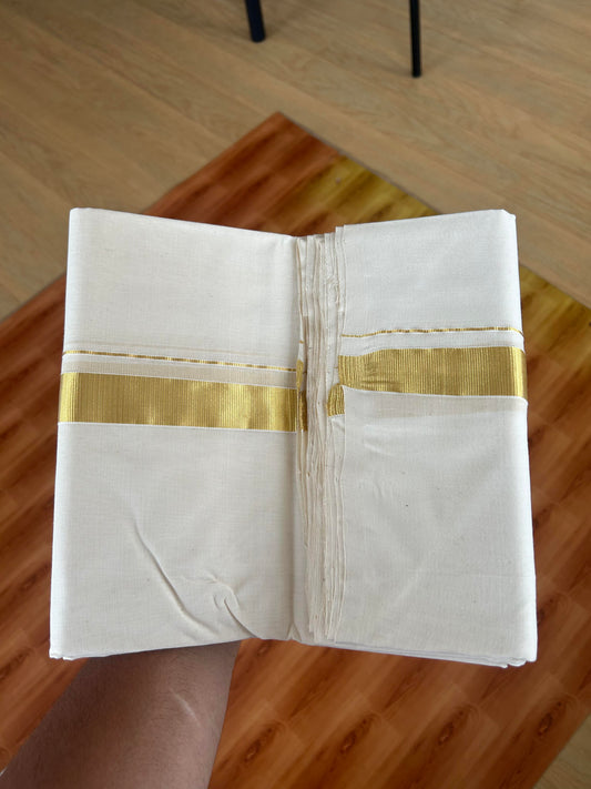 25% Discount ! KaithariKada Handloom Millpaav - Kerala Handloom - 100% Pure Cotton Off White (Unbleached) Double Mundu/Dhoti - 80x90 - 1 inch Gold Kara 3.60 mtr (8 Muzham) -  29 KK5386 RAM
