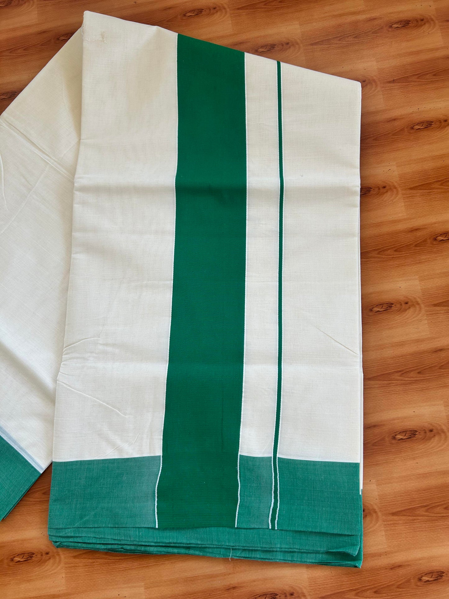 25% Discount! Kaitharikada Kerala Traditional Saree Off white- Mixed Cotton Saree - 3.25 Inch  Pallu - Green Kara - 42 KK7000 PMC