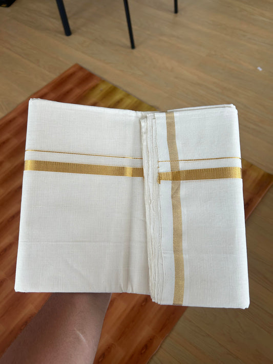 25% Discount ! KaithariKada Handloom Millpaav - Kerala Handloom - 100% Pure Cotton Off White (Unbleached) Double Mundu/Dhoti - 80x90 - 0.5 inch Gold Kara 3.60 mtr (8 Muzham) - 31 KK5386 RAM