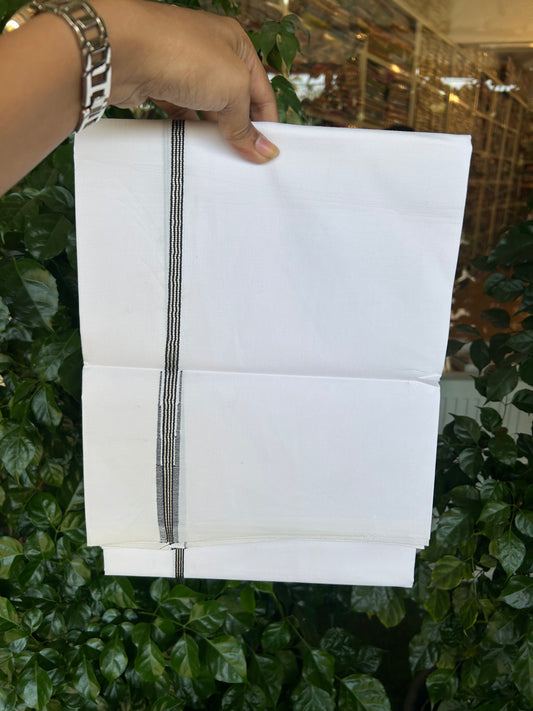 20% Discount ! KaithariKada Balaramapuram 100% Cotton Single Pure White Mundu/Dhoti - Twisted 100s Thread - 1 cm Silver Kasav Black Stripes Chutty Kara (2 meter / 4 muzham) - 7 KK5371 ASH