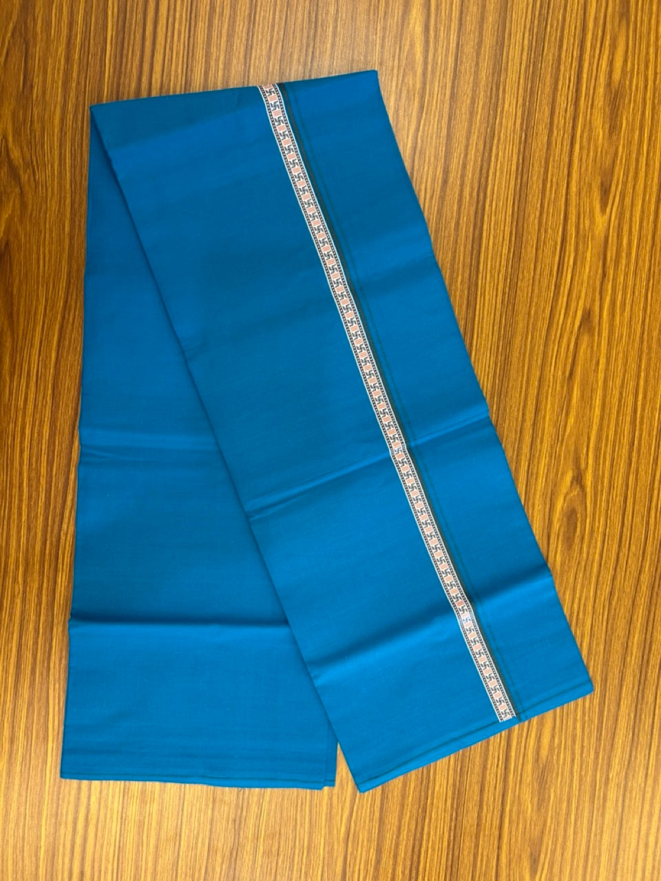 39% Discount! Kaitharikada - Pure Cotton - Single Kaily / Lungi - 0.75 inch Ash Grey & Multi colour Pattern Printed kara with Sapphire Blue colour body (2 meter / 4 muzham) - 24  KK8035 GAN