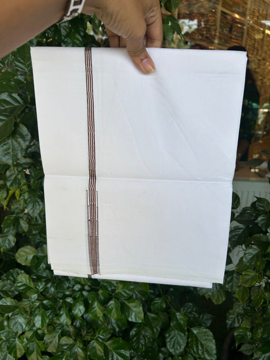 20% Discount ! KaithariKada Balaramapuram 100% Cotton Single Pure White Mundu/Dhoti - Twisted 100s Thread - 1 cm Silver Kasav MaroonStripes Chutty Kara (2 meter / 4 muzham) - 8 KK5371 ASH