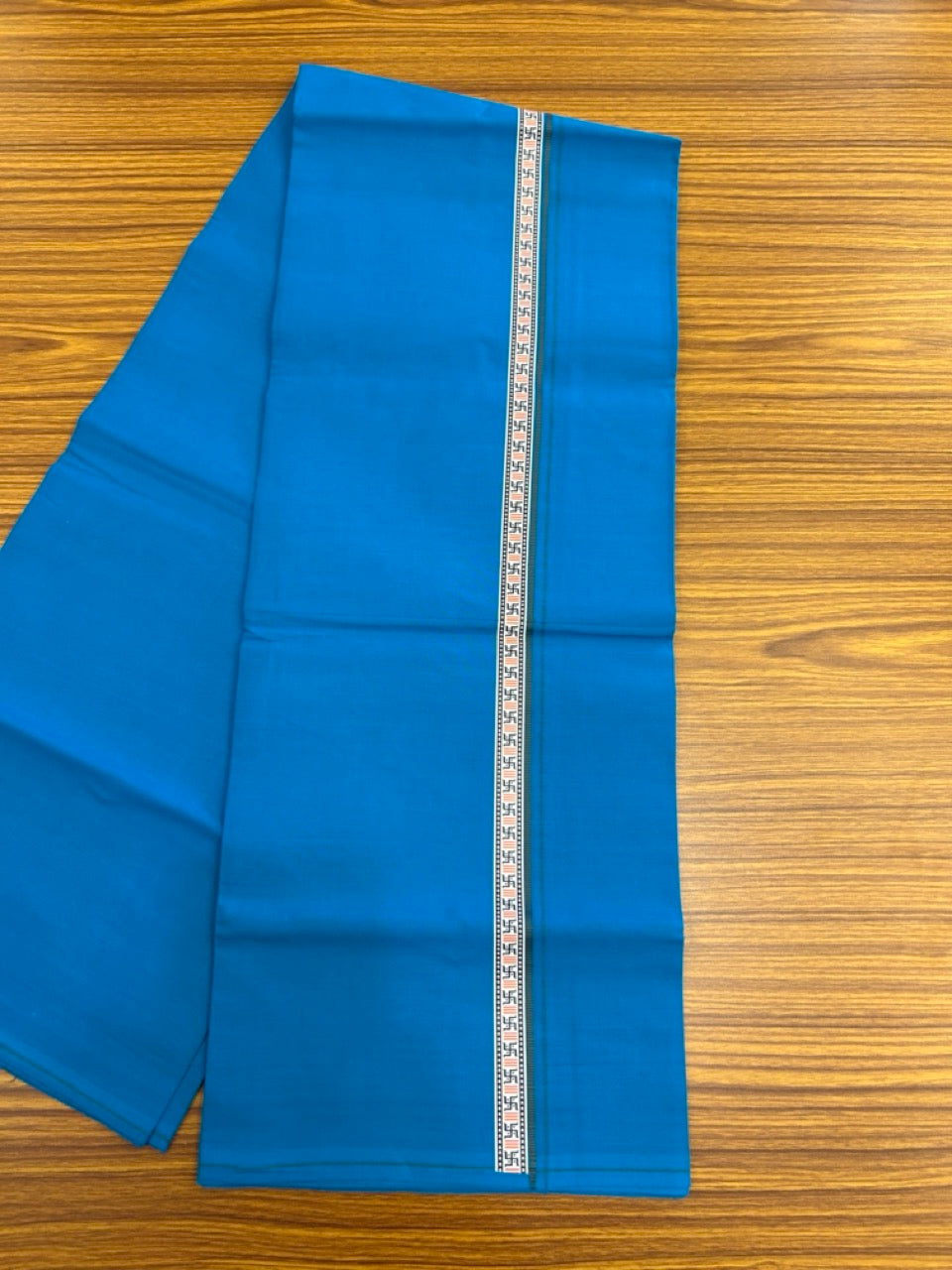 39% Discount! Kaitharikada - Pure Cotton - Single Kaily / Lungi - 0.75 inch Ash Grey & Multi colour Pattern Printed kara with Sapphire Blue colour body (2 meter / 4 muzham) - 24  KK8035 GAN