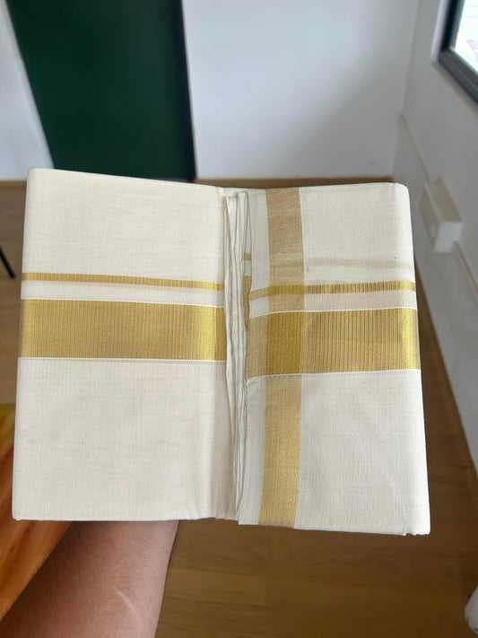 25% Discount ! KaithariKada Handloom Millpaav - Kerala Handloom - 100% Pure Cotton Off White (Unbleached) Double Mundu/Dhoti - 80x90 - 1.5 inch Gold Kara 3.60 mtr (8 Muzham) -  28 KK5386 RAM