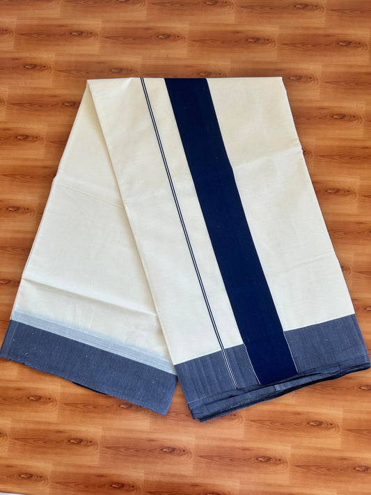 25% Discount! Kaitharikada Kerala Traditional Saree Off white- Mixed Cotton Saree - 3 Inch  Pallu - Navy Blue Kara - 46 KK7000 PMC